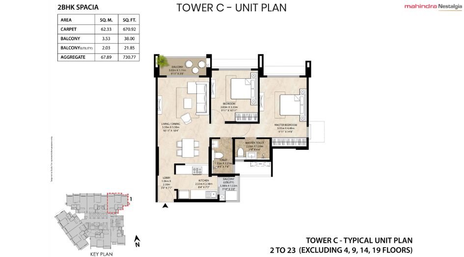 Mahindra-Nestalgia-Floor-Plan-Tower C-2 BHK-730 Sqft